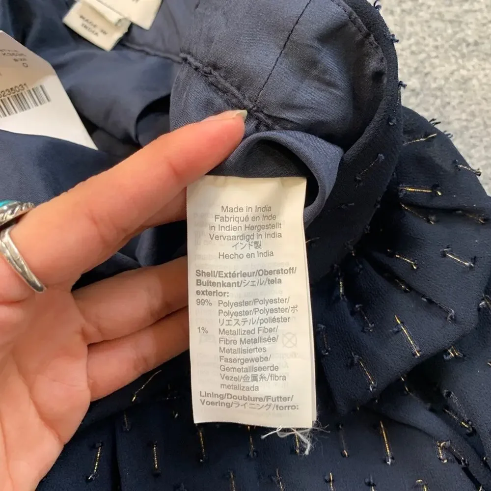 J Crew Skirt Womens 0 Blue Gold Thread Lined Zip Back Metallic Fibers Back Zip